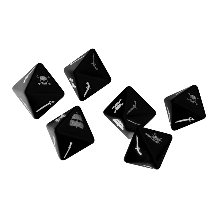 Black gaming dice with white symbols on a white background